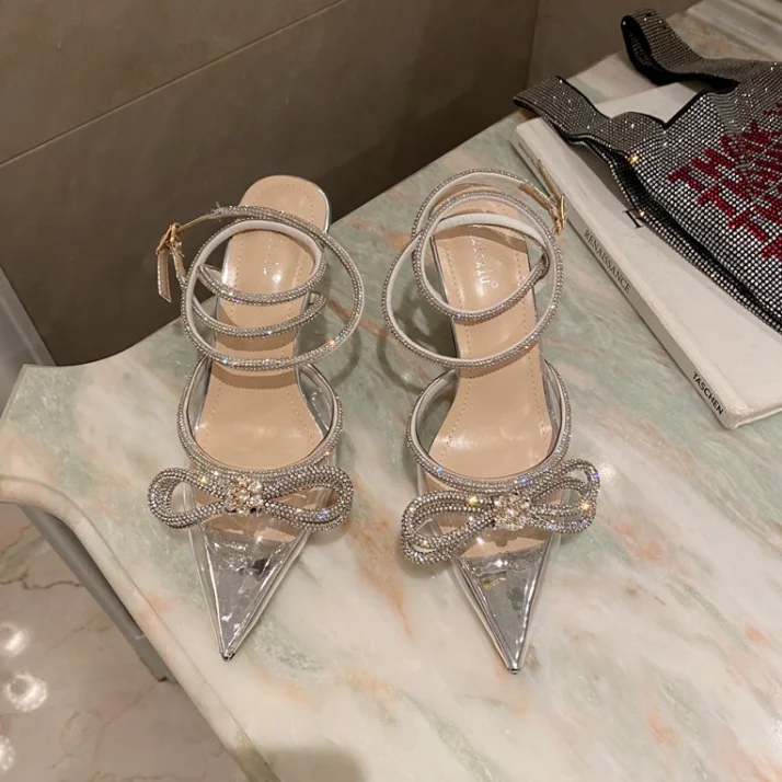 

Plus Size Spring/Autumn 2022 Women Shoes Fashion Butterfly-Knot Narrow Band Bling Patchwork Cross-Tied Crystal Pointed Toe Pump