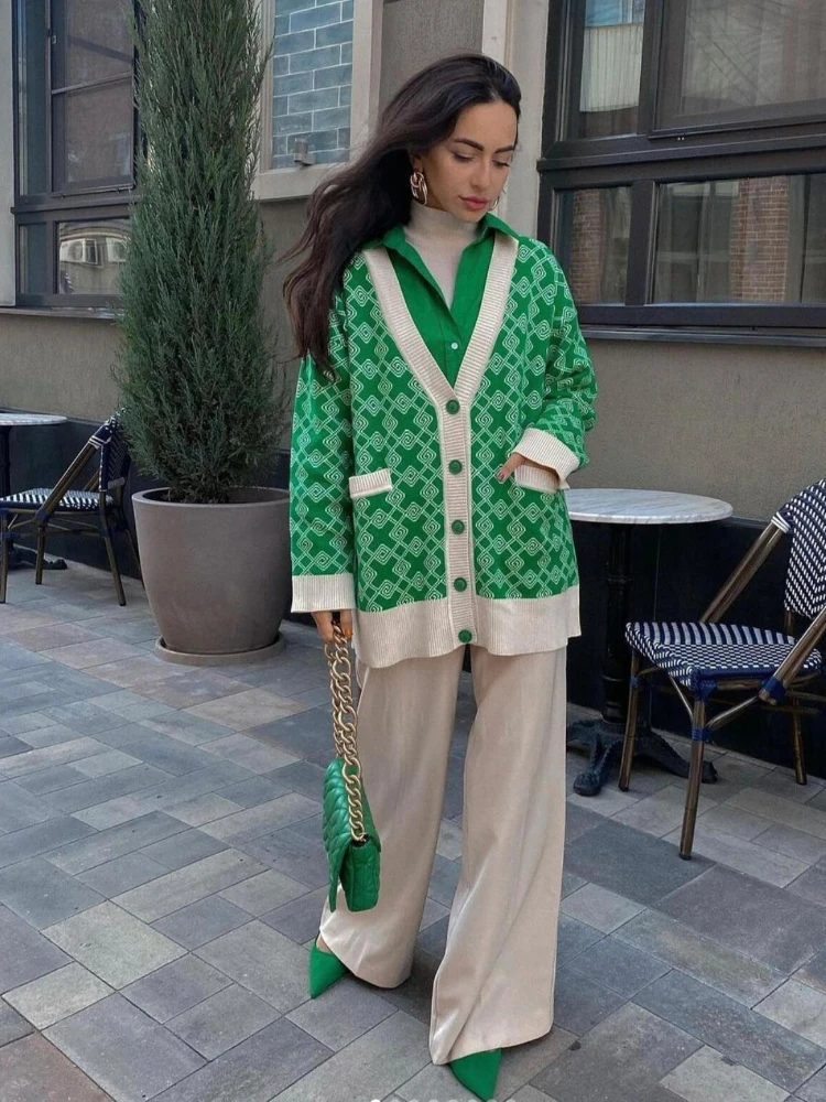 

2023 Autumn Hot Sale In Europe and The United States Jacquard Contrast Cardigan Loose Mid-length Cardigan Jacket Women