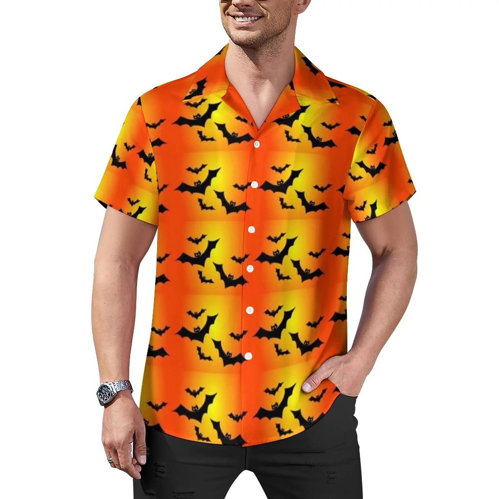 

Black Bats Print Loose Shirt Vacation Spooky Halloween Casual Shirts Hawaiian Design Short-Sleeve Aesthetic Oversized Blouses