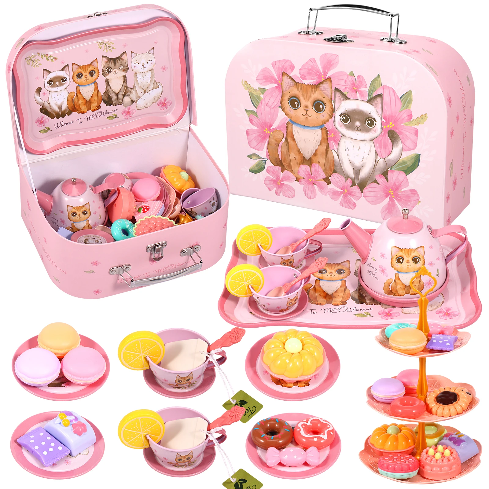 

New 50Pcs Kids Tea Party Set Funny Afternoon Tea Pretend Toy with Teapot Dessert Cake Stand Carrying Case Portable Simulation