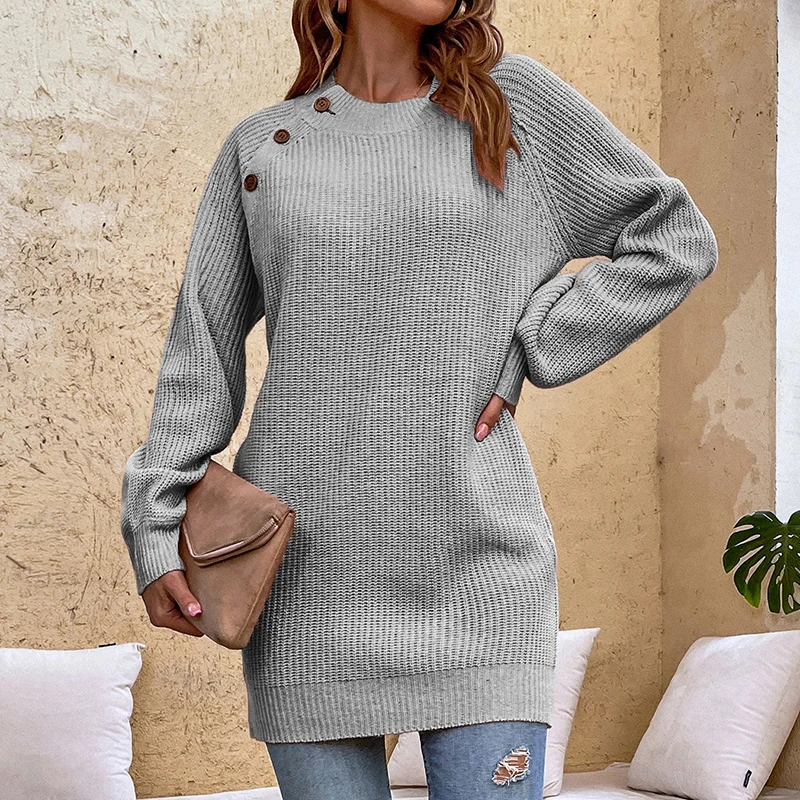 

Spring/Autumn Women's Sweater New O-Neck Solid Color Lantern Sleeve Loose Knit Dress Traf Casual Long Pullover Sweaters Women