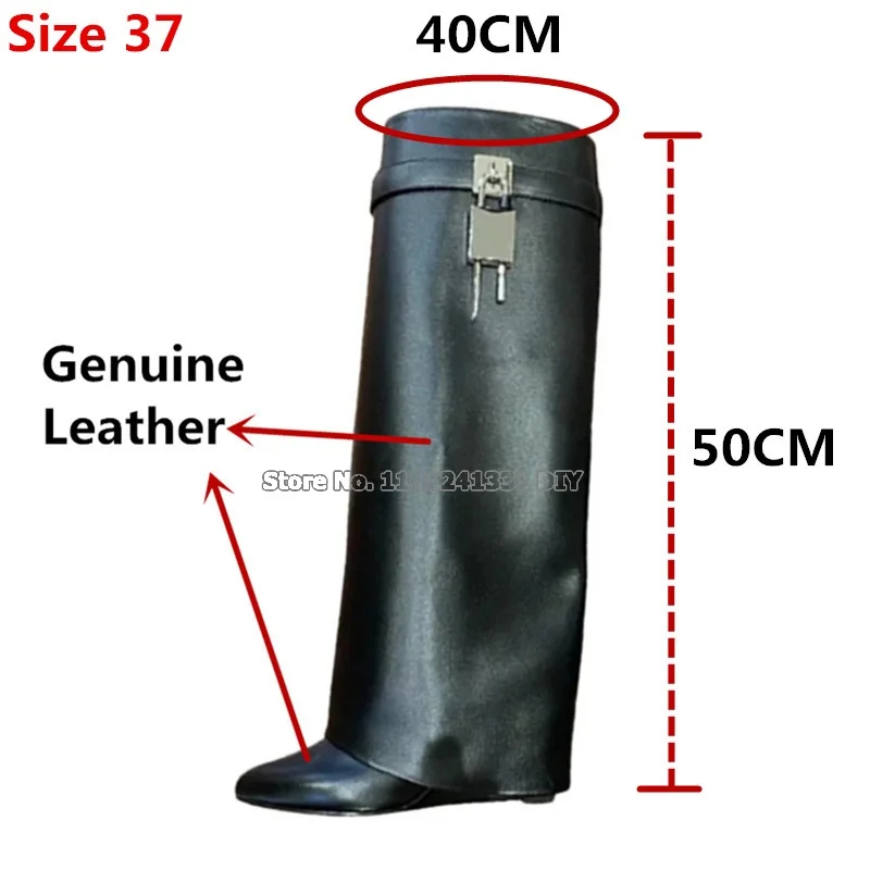 Real Leather Shark Lock Fold Overlay Knee High Wedge Heeled Boots Women Padlock Wedged High Heel Pointed Toe Boot Mujer
