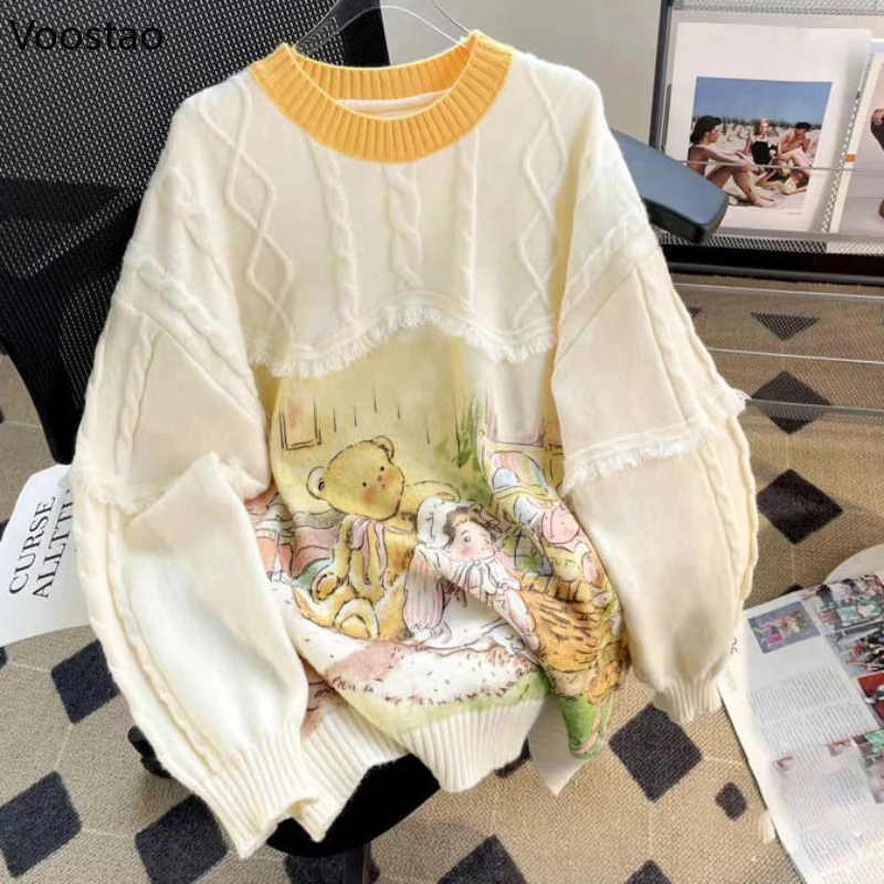 

Mori Girl Style Knitted Pullovers Autumn Winter Women Sweet Cartoon Print Sweater Coat Female Casual Loose Knitwear Jumpers Tops