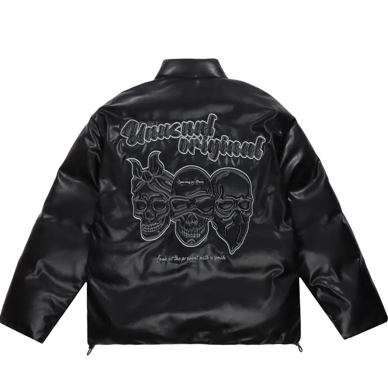 American High Street Men Parkas Solid Letters Skull Embroidery Thick Outwear Hip Hop Loosed Stand Collar Unisex Coats PU Leather