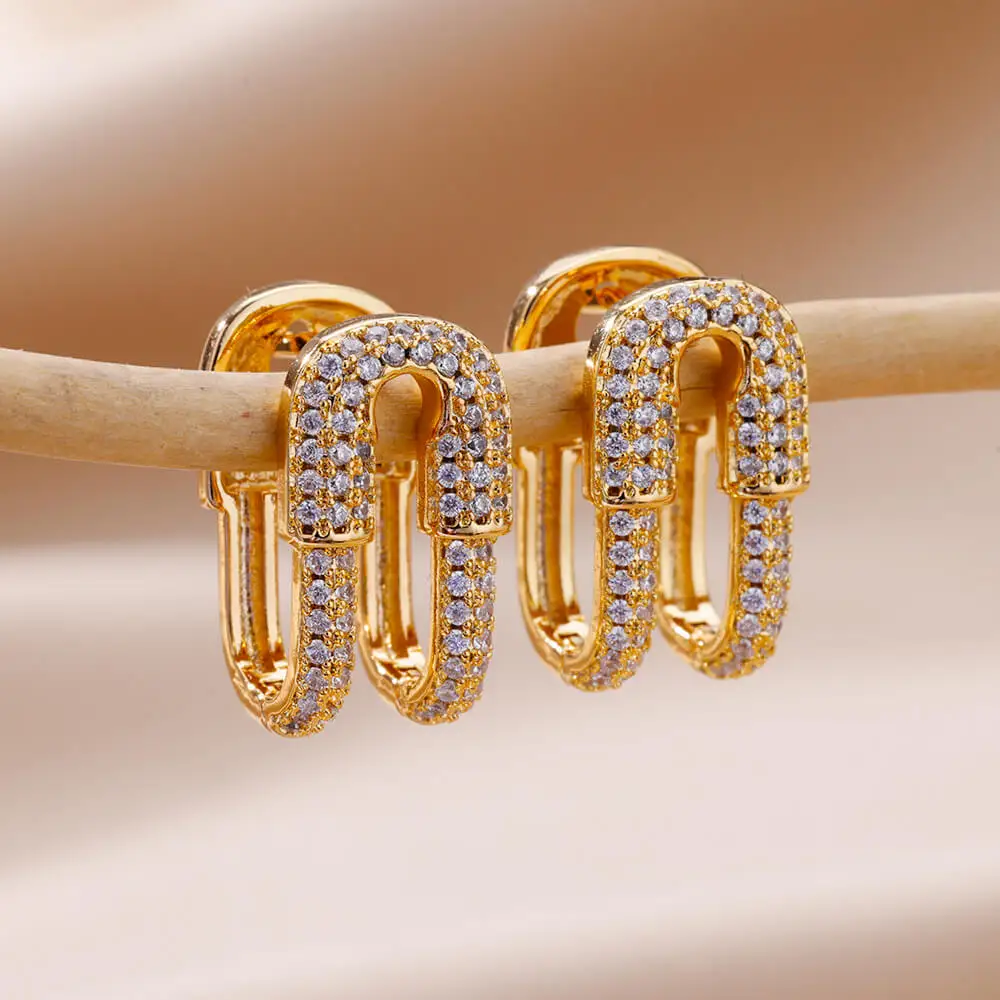 

Zircon Paper Clip Earrings For Women New in Stainless Steel Gold Color Geometric Pin Earring Luxury Wedding Jewelry Gift