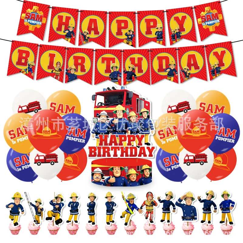 

Fireman Theme Birthday Party Supplies Banner Cake Topper Cupcake Toppers Balloon Happy Birthday Party Decoration Kids Favors