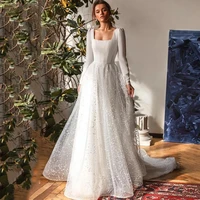 classic backless full sleeve square neck boho wedding dress for bride 2022 sweep appliques train plain white vestido de novia