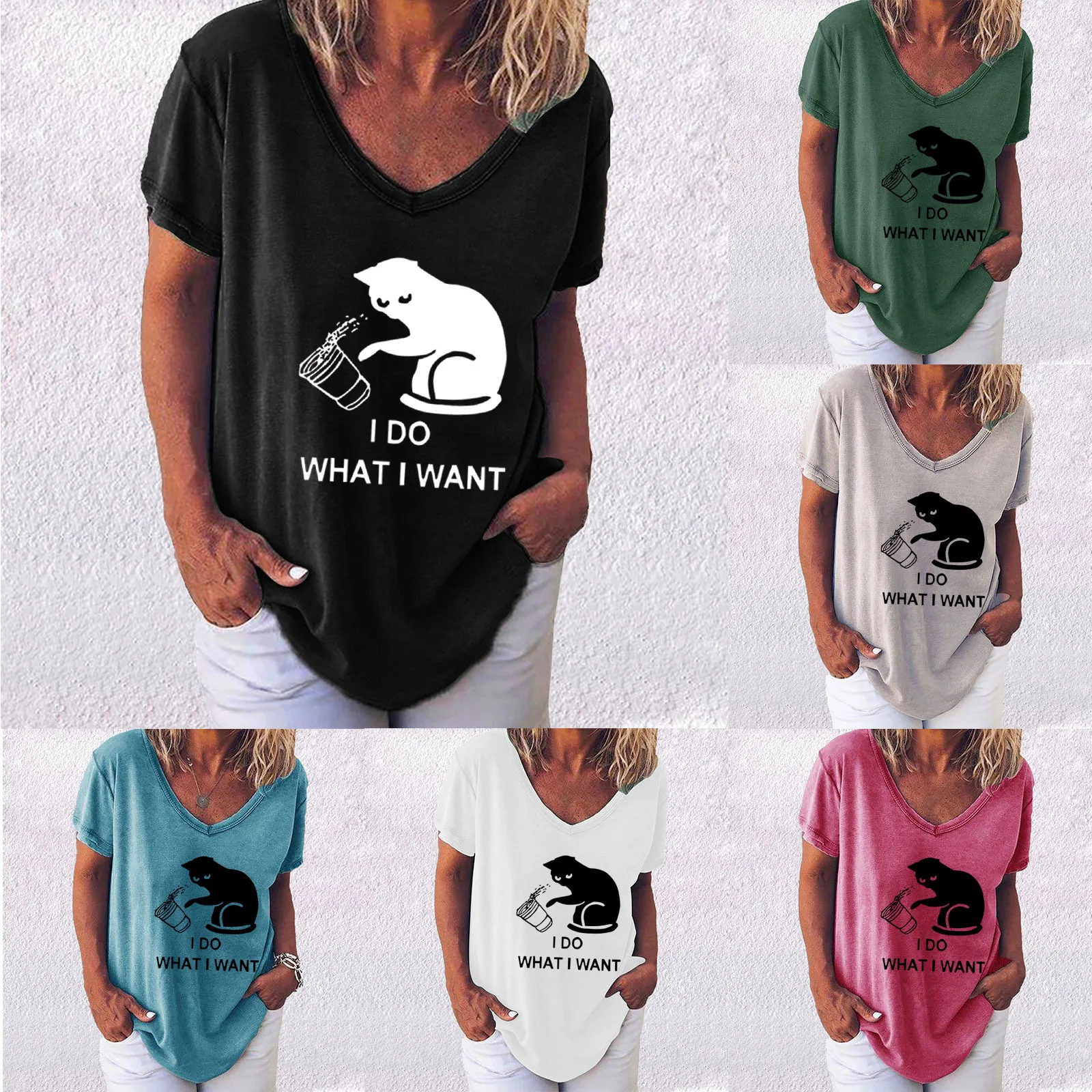 

2022 Summer New Cat Print V-Neck Short Sleeve T-Shirt Women