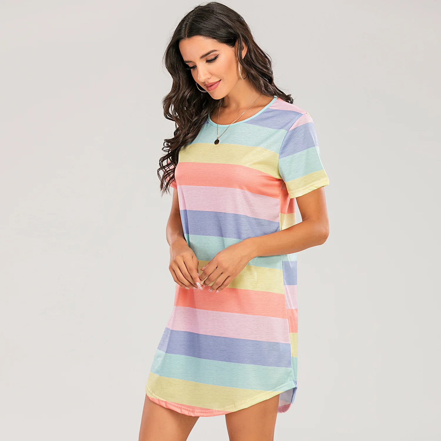 Fashion Rainbow Striped Sleep Dress Women Irregular Mini T Shirt Dress Casual Night Dress Sleepwear Ladies Nightgowns Homewear