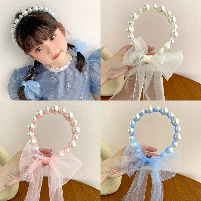 Pearl Headband Children Streamer Hair Accessories Baby Cute Princess Female Super Cute Headband Broken Hair Finishing Hairpin