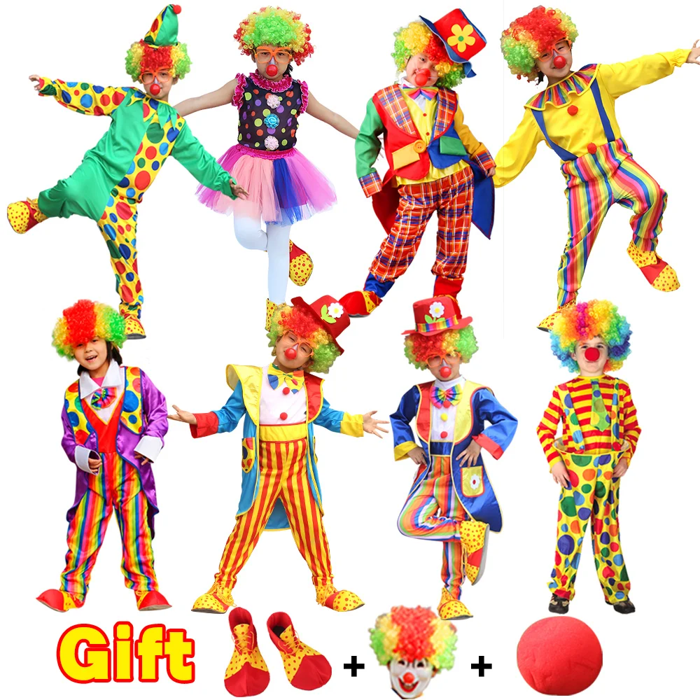 Children's Day Party Halloween Naughty Circus Clown Costumes Shoes Wig Boys Kids Funny Clown Purim Christmas Cosplay S-XXL