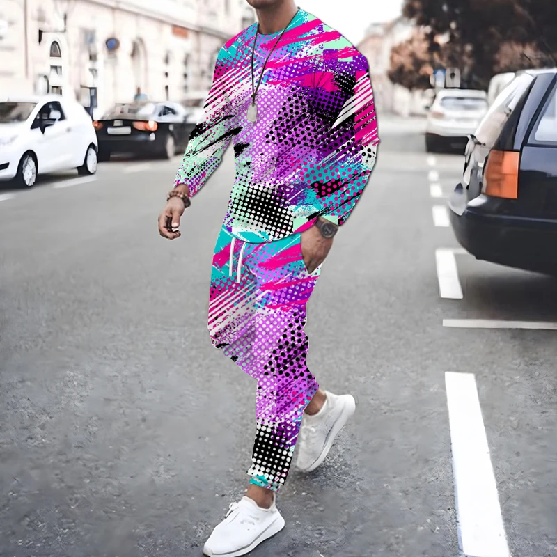 

Костюм мужской повседневный из 2 предметов, модная уличная одежда в стиле оверсайз с 3D принтом, футболка с длинным рукавом и брюки с круглым ...