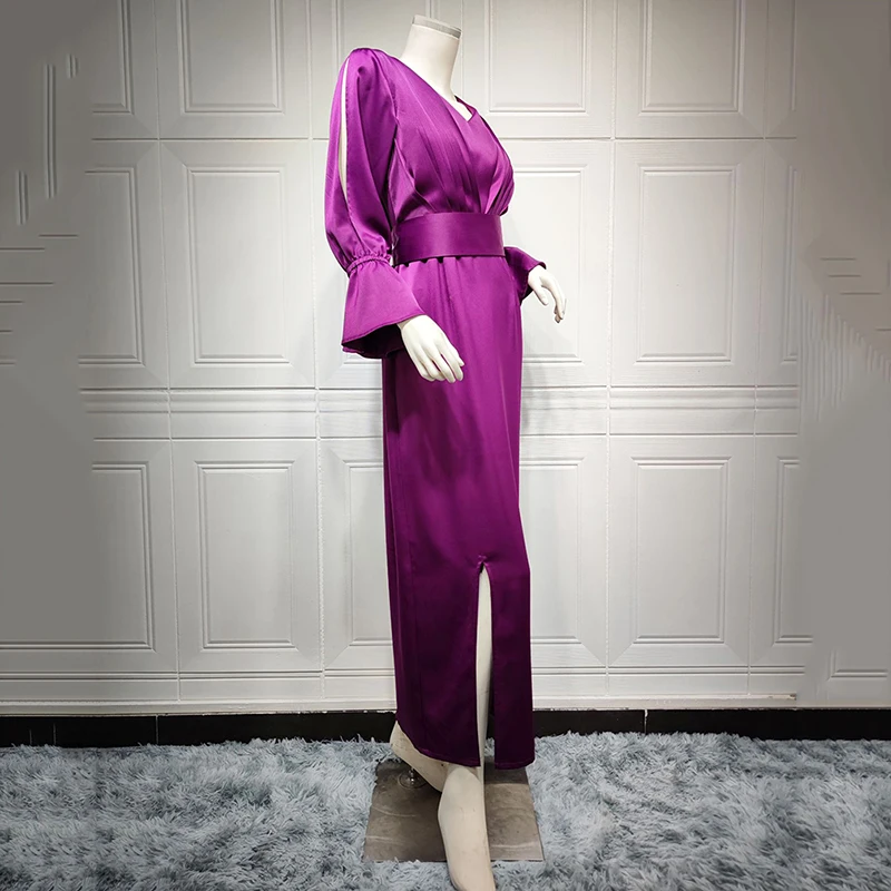 Women Long Satin Tunic Dress 2022 For Muslims Solid Abaya With Belt Middle East Dubai Ramadan Arabic Luxurious Evening Dresses