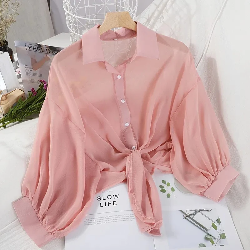 

Korean Fashion Women's Sun Proof Shirt 2023 Summer Cropped Chiffon Shirts Woman Beach Vacation Thin Lantern Sleeve Blouse Female