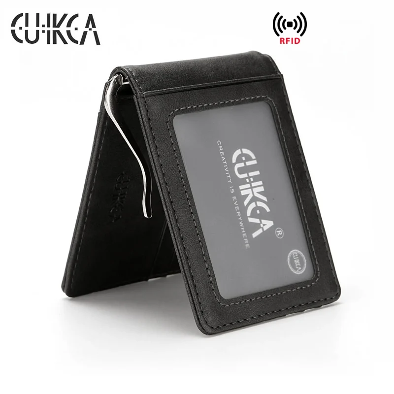 

RFID Blocking Small Money Clip Wallet For Men Purse With A Metal Clamp Slim Leather Credit Card Case Travel ID Cash Holder