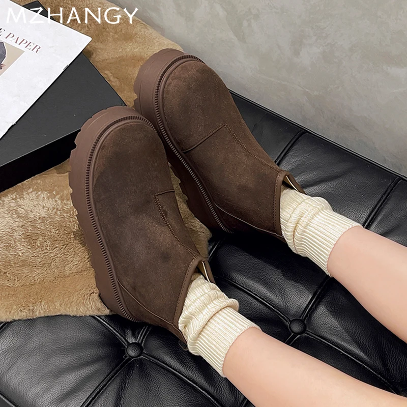 Women Flats Snow Boots Platform Suede Shoes Woman 2025 Trend Winter Fashion Warm Dress New Short Plush Walking Ankle Mujer