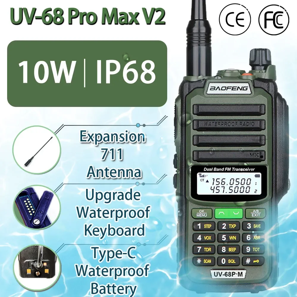 

Портативная рация Baofeng UV-68 Pro Max V2 10 Вт IP68, водонепроницаемая рация CB Ham Long Range UV68, портативная двухсторонняя радиосвязь для охоты, 2023
