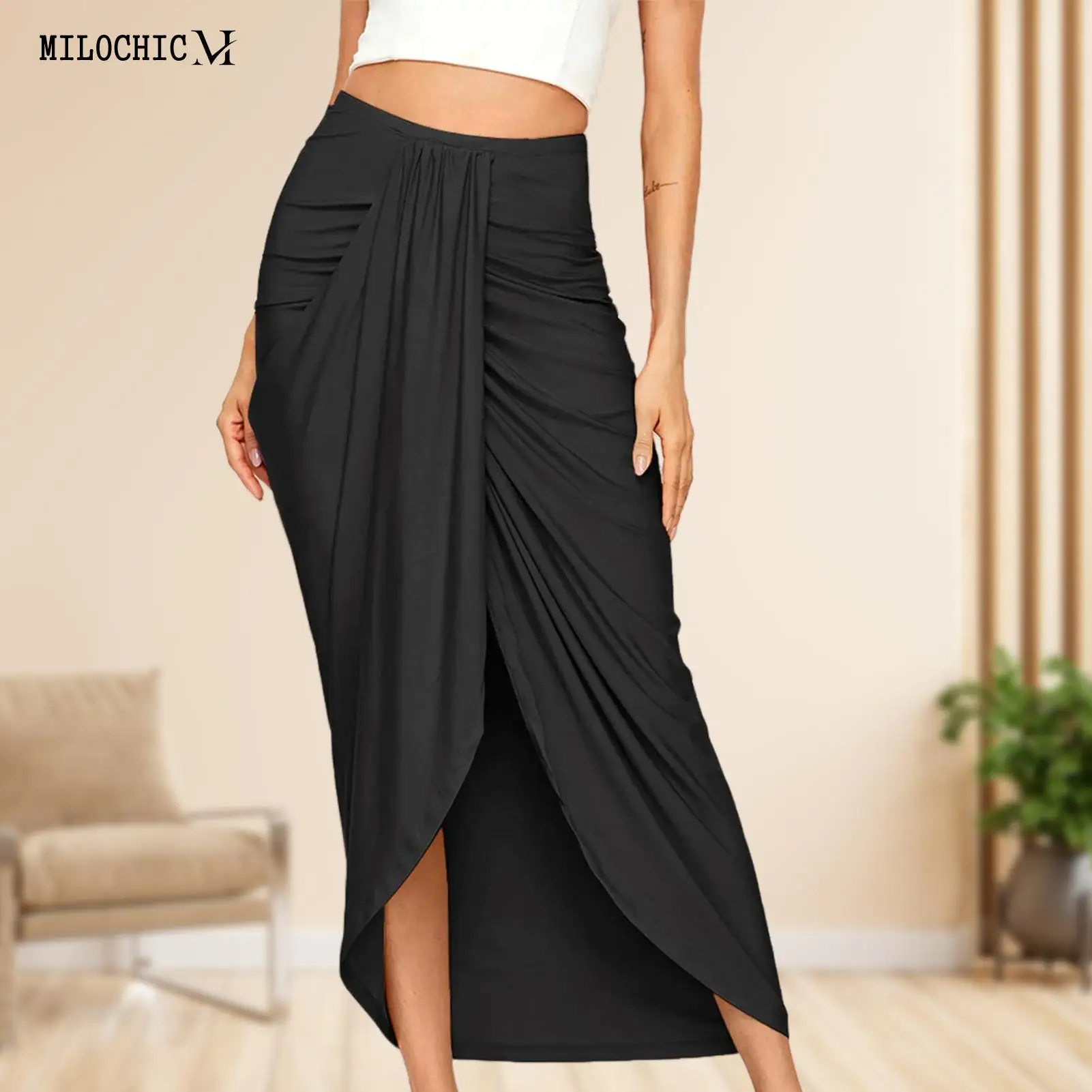 

Maxi Draped Skirt Asymmetrical Women Mid Calf Slit Wrap Skirt Solid Color Vacation Outing Elastic Split Breathable