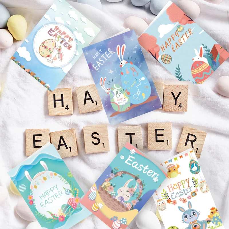 

6Pc Easter Greeting Card Cute Rabbit Egg Cartoon Gift Card DIY Party Invitation Postcard Blank Inside Folding Card ThankYou Card