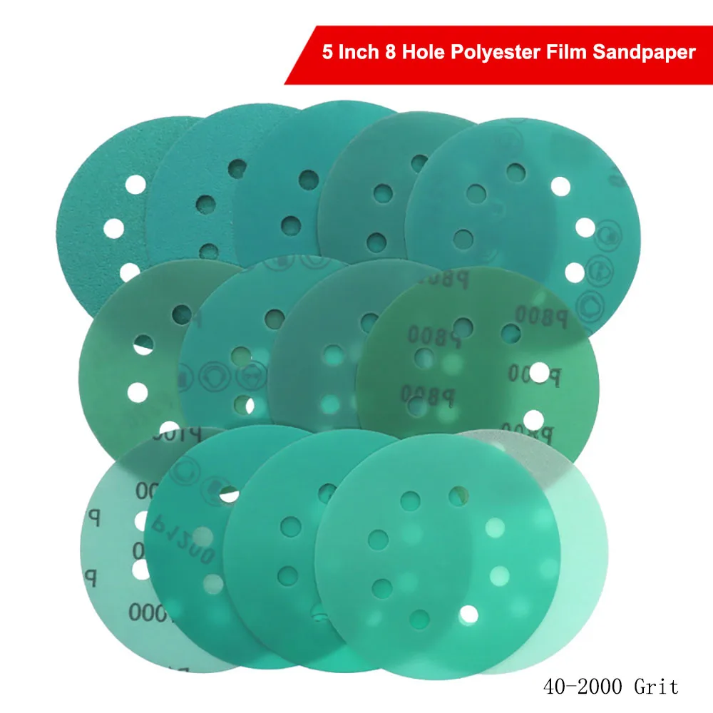 

5 Inch 125mm 8 Hole Polyester Film Sandpaper Disc 40-2000 Grit PET Film Hook Loop Wet Dry Sanding For Metal Paint Surface