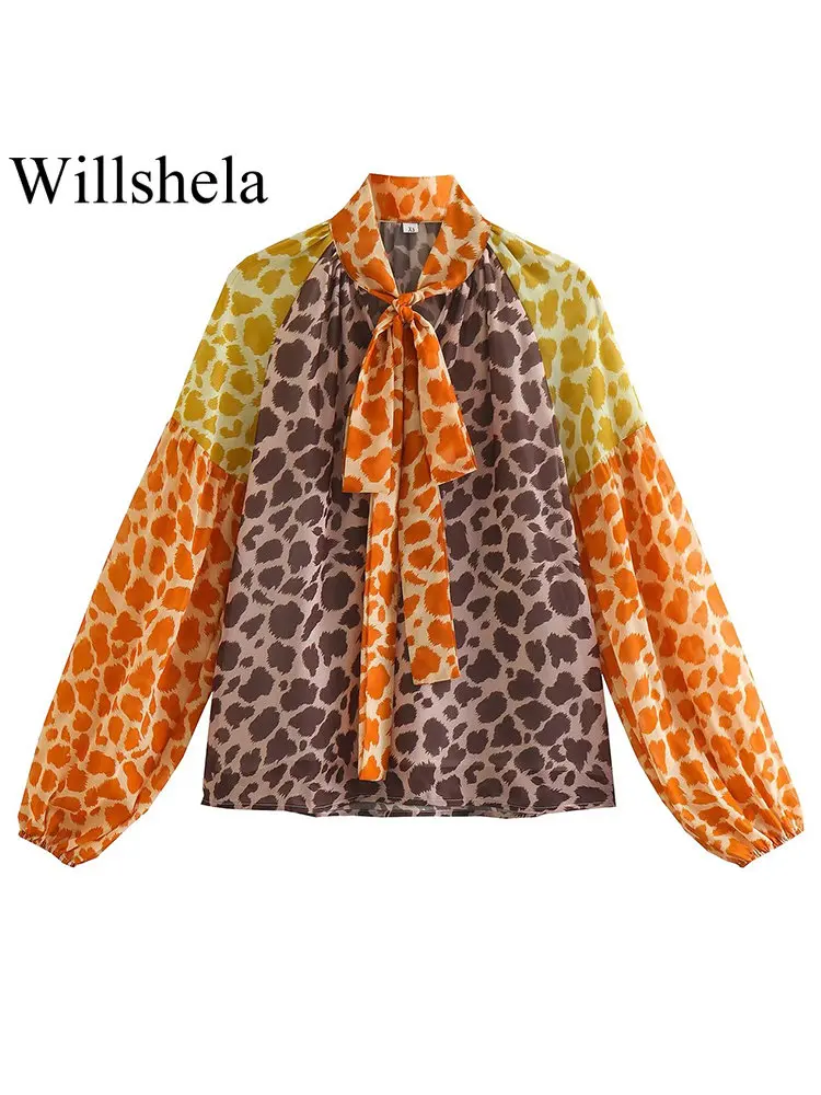 

Willshela женская модная блузка с бантом и принтом, винтажная блузка с длинными рукавами и бантом на шее, Женская шикарная рубашка, Топ