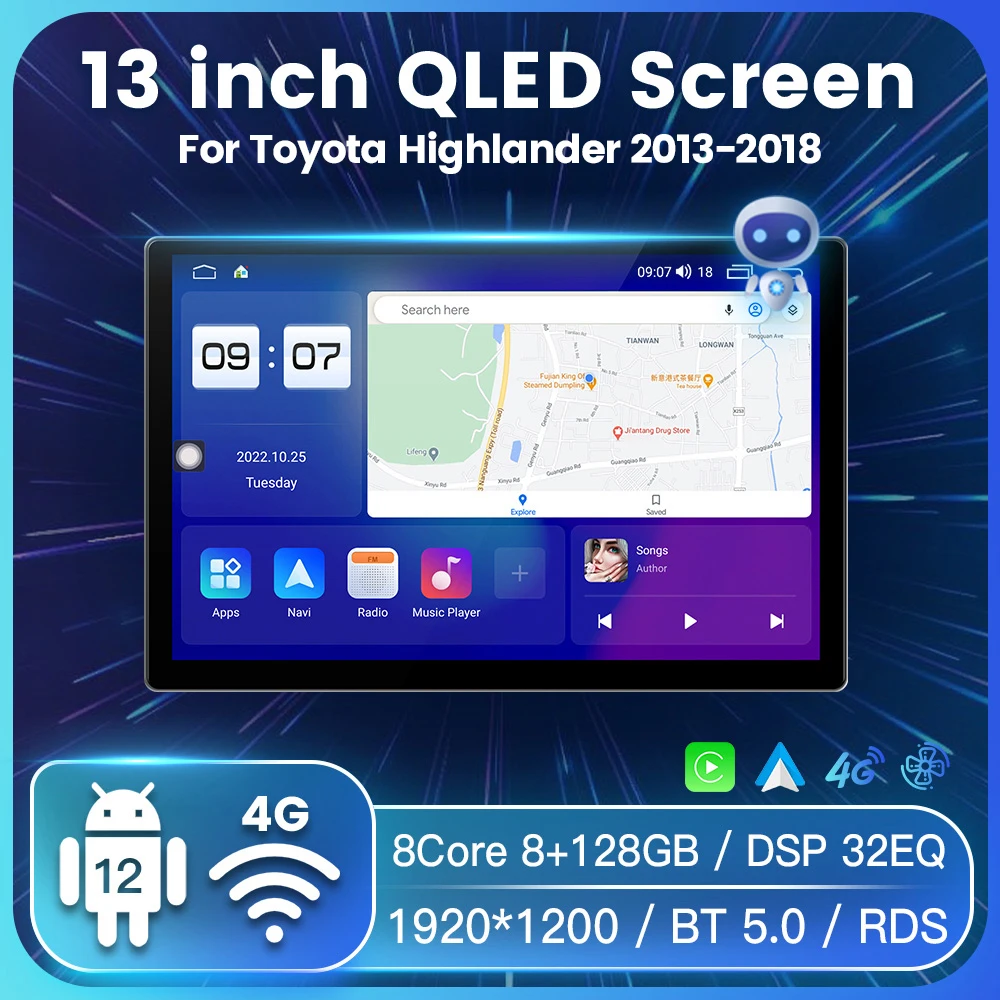 

Автомобильный мультимедийный плеер QLED для Toyota Highlander 2013-2018, 13 дюймов, Android 12