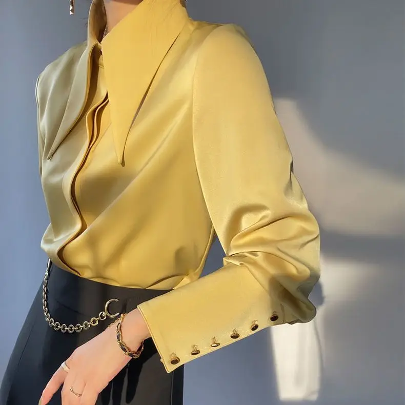 

Весна-Осень 2023, элегантная офисная Дамская рубашка для работы, женская блузка с длинным рукавом, яркая Базовая атласная шелковая женская рубашка, женские топы D52