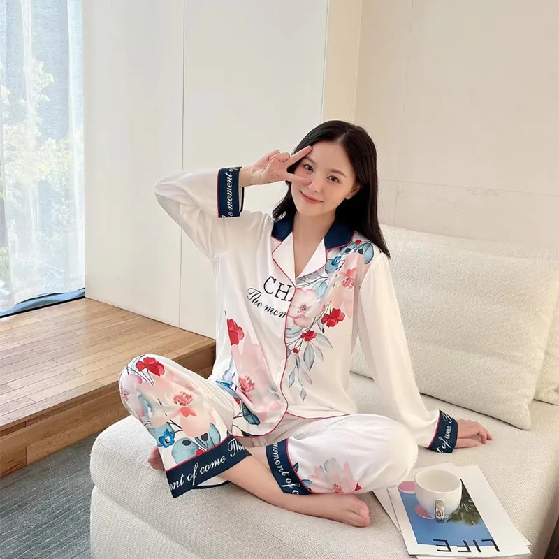 2023 New Women's Spring Pajamas Suit Women's Thin Ice Silk Home Wear Long-Sleeved Trousers