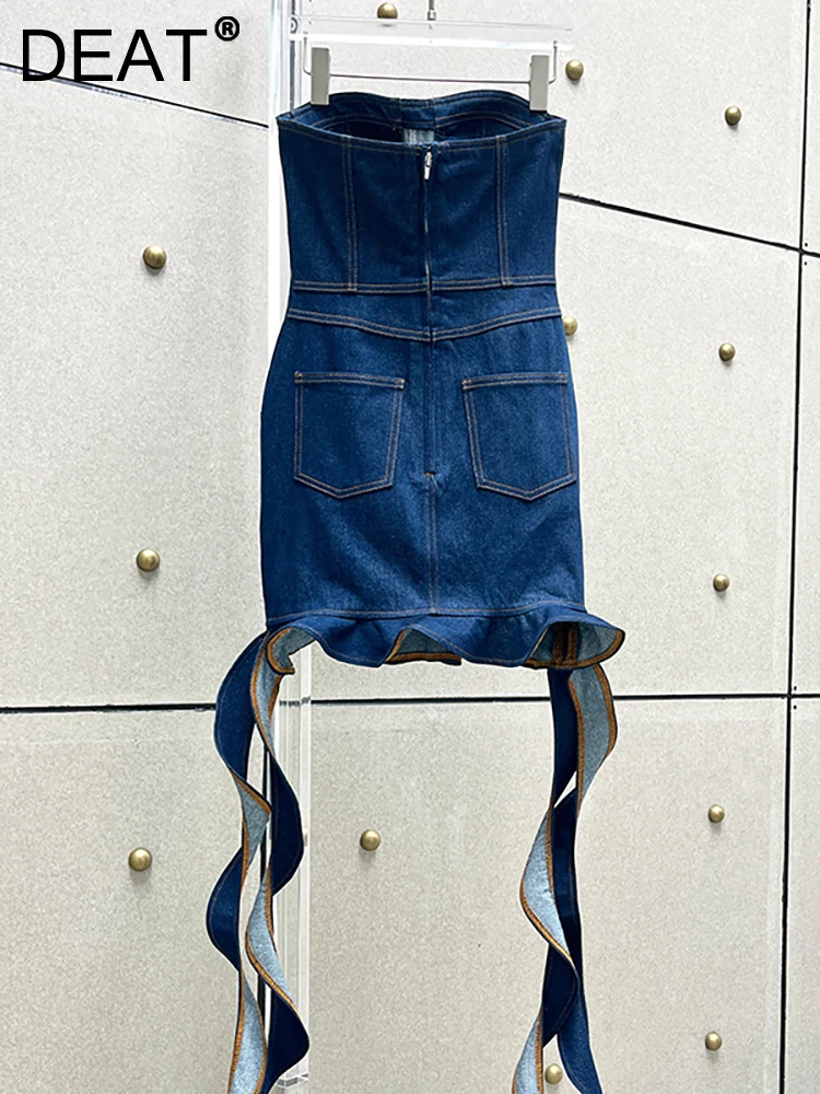 

Женское джинсовое платье без бретелек DEAT, однотонное мини-платье составного кроя с оборками и лентой, с высокой талией, модель 29L1260 на лето, ...