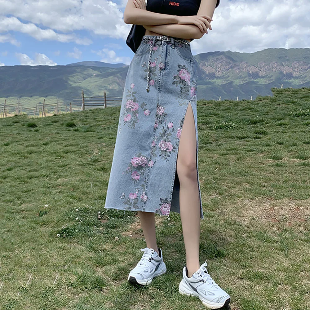 

Summer Women's skirt high waist split rose Print Denim skirt women's mid-length all-match loose a-line bag hip long skirts y2k