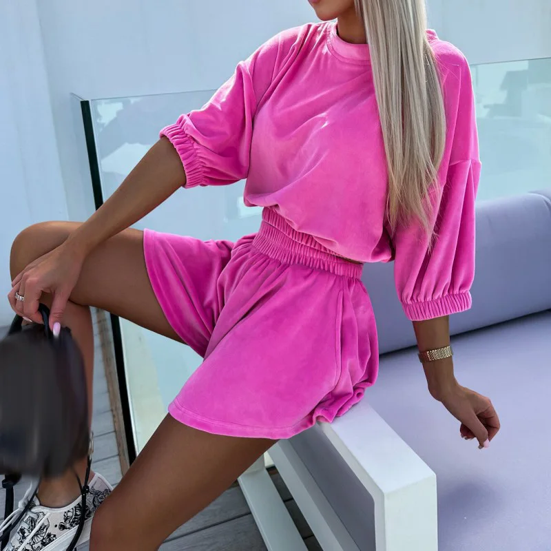 

Женский бархатный комплект из 2 предметов, элегантная повседневная блузка с рукавом 3/4 и круглым вырезом и брюки с эластичным поясом в стиле Харадзюку
