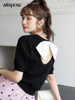 mishow backless t shirts summer korean fashion solid oneck short sleeve bow women tops chic office lady straight tees mxb28z0653