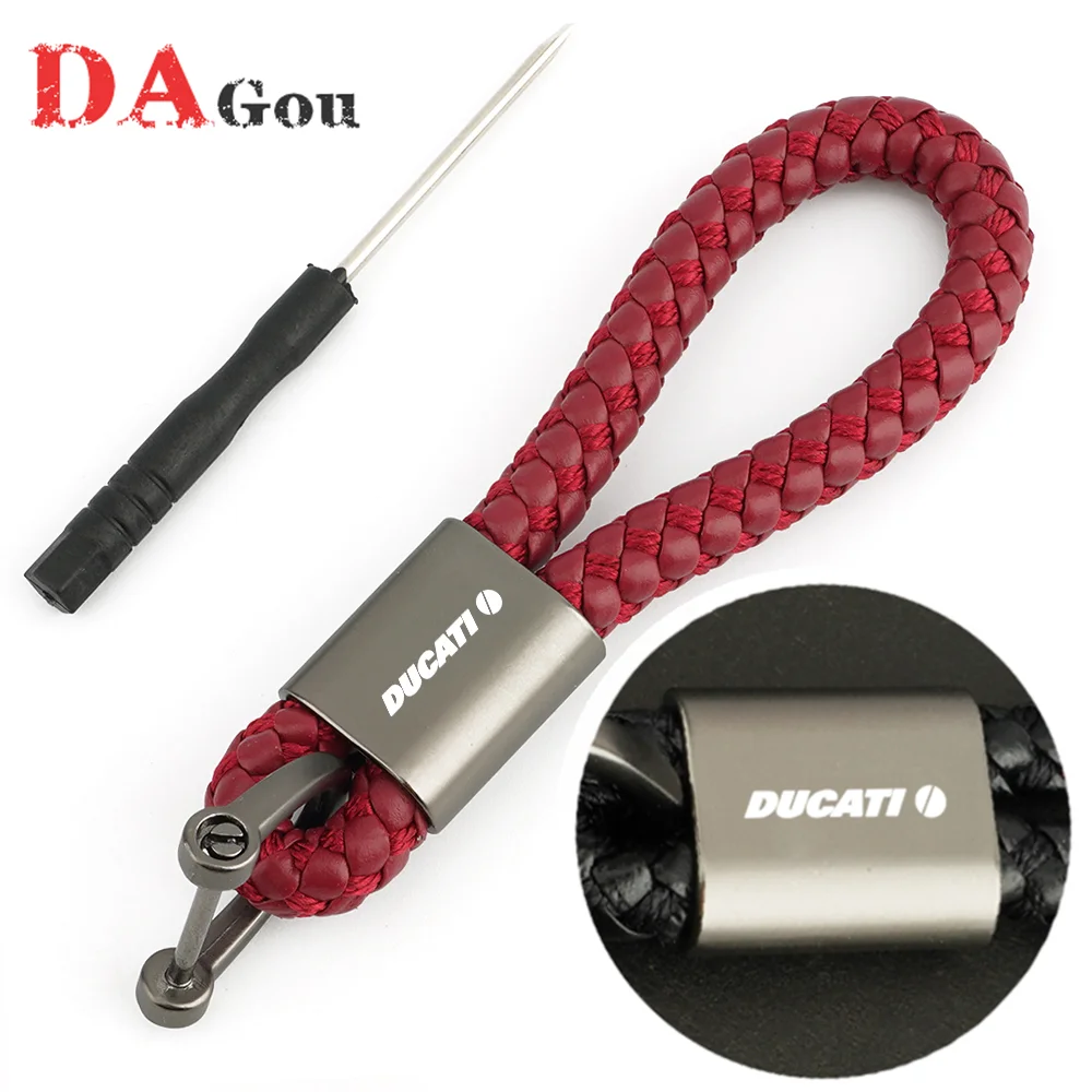 

For Ducati Monster Panigale 748 749 999 1098 1199 1299 1198 848 Laser Logo Motorcycle Hand Woven Leather Keychain Metal Keyring