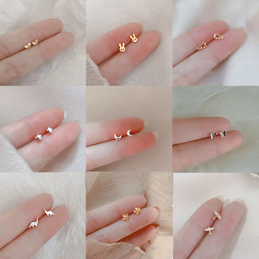 Tiny Minimalist Silver Plated Gold Color Korean Mini Heart Star Small Earrings For Women Rabbit Butterfly Flower Earring Jewelry