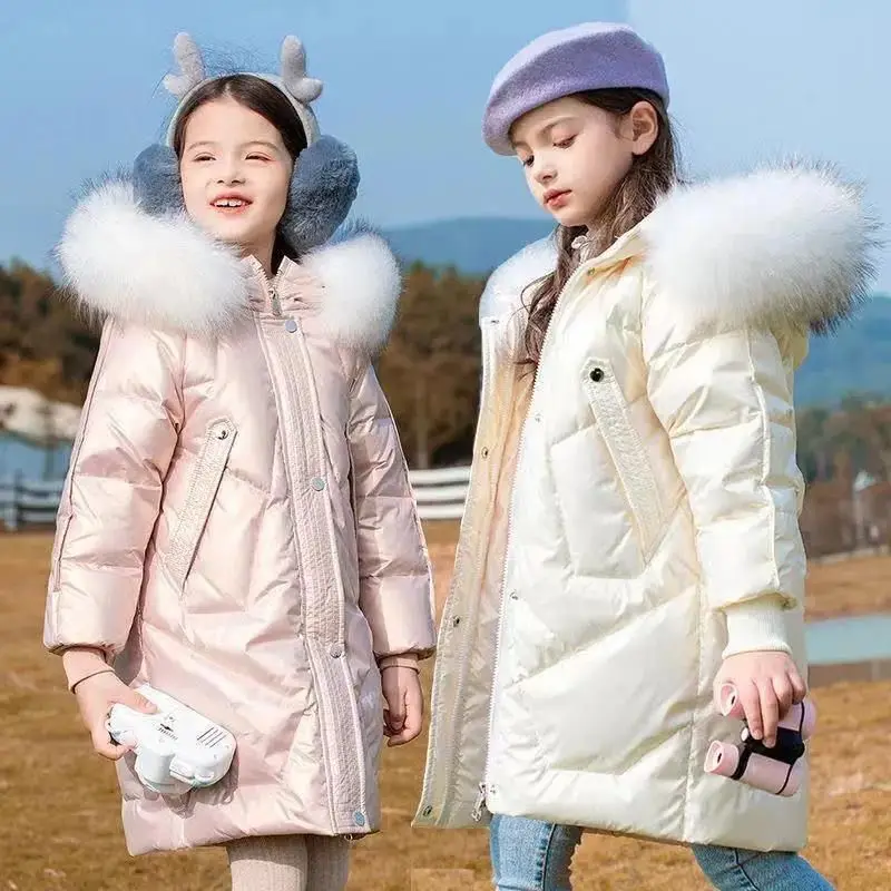 Купи Children New Winter Warm Down Mid-length Large Fur Collar Jacket Kids Coat Removable Hood Solid Jacket For Girls Outwear 5-14 Y за 1,889 рублей в магазине AliExpress