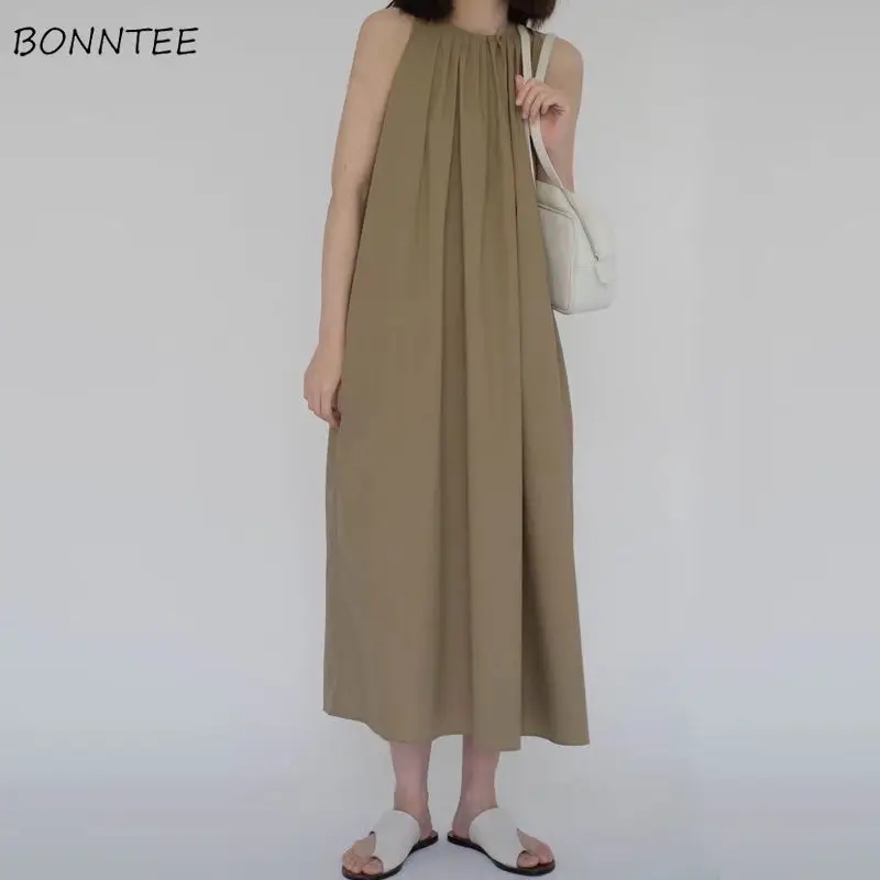 

Женское объемное платье без рукавов, однотонное платье с круглым вырезом, длиной до щиколотки, универсальное, повседневное, элегантное, неж...