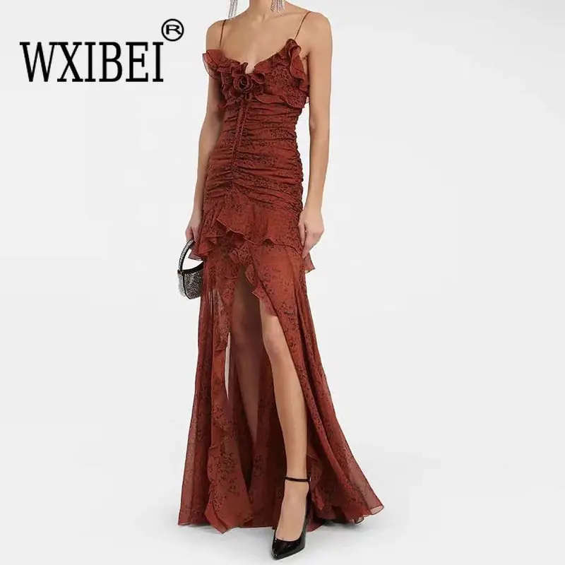 

WXIBEI 2023 Summer For Women A-line Dress V-neck Sleeveless Gathered Waist Spliced Ruffles Solid Split Hem Dresses Female FC626