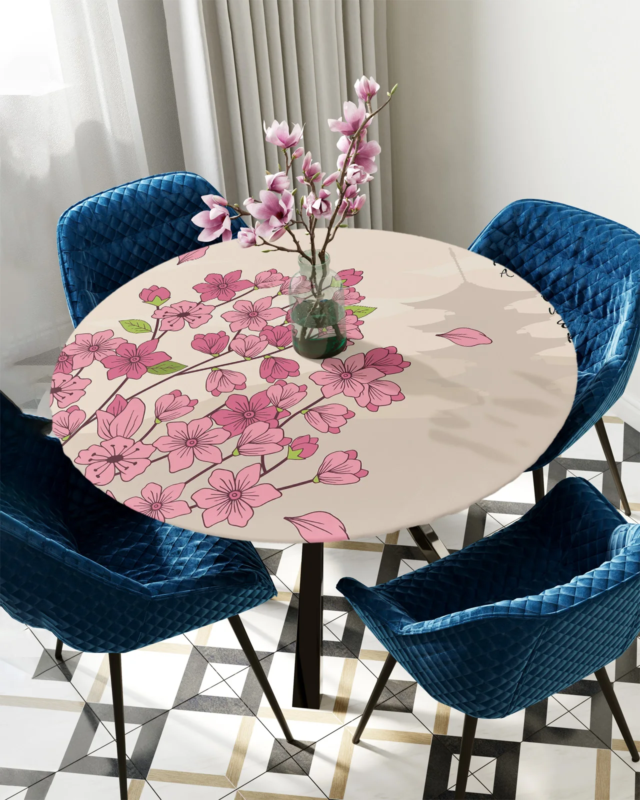 

Cherry Blossom Flower Tower Japanese Round Rectangular Waterproof Elastic Tablecloth Home Kitchen Dining Room Table Cloth Cover