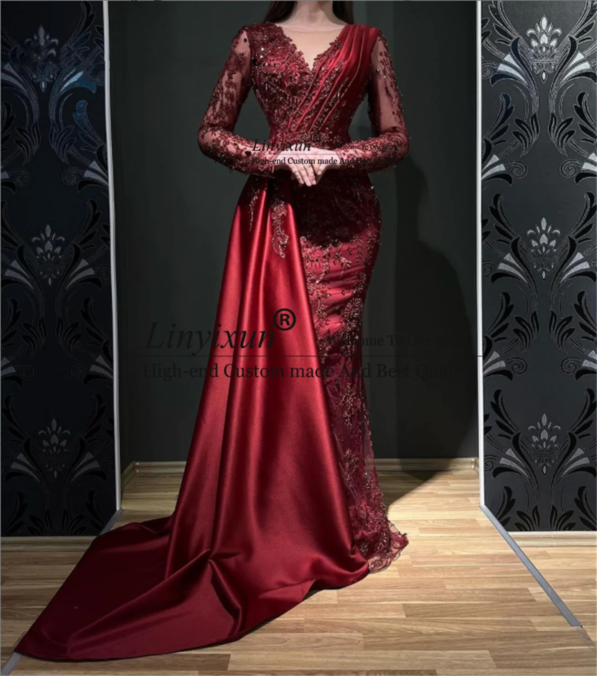 

Burgundy Muslim Lace Prom Dresses Appliques Bead Formal Evening Gown Long Sleeve With Cape O Neck Satin Dubai Kaftan Party Dress