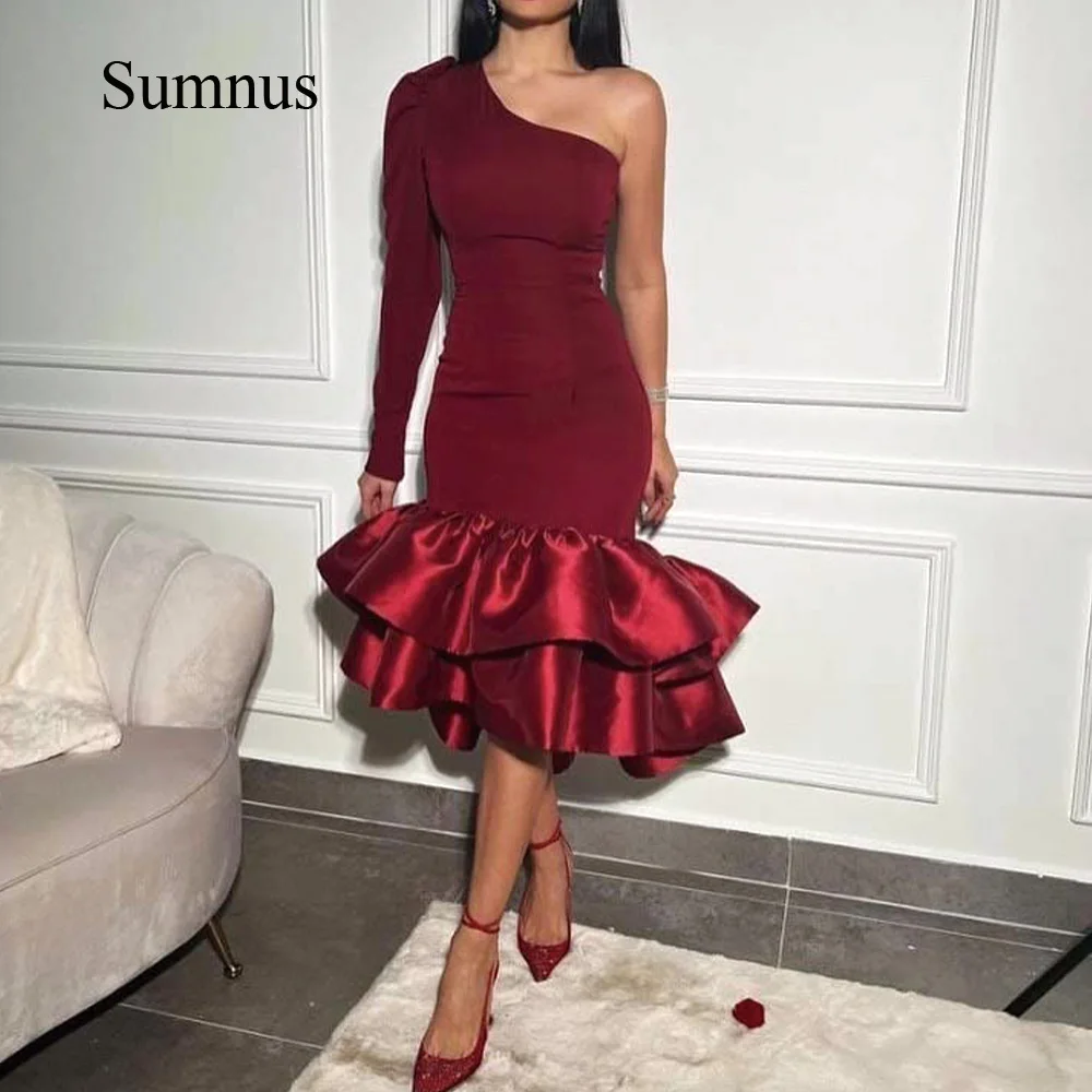 

Sumnus Burgundy One Sleeve Mermaid Evening Party Dresses Robe de Soiree Tiered Knee Length Evening Party Gowns Formal Prom Dress