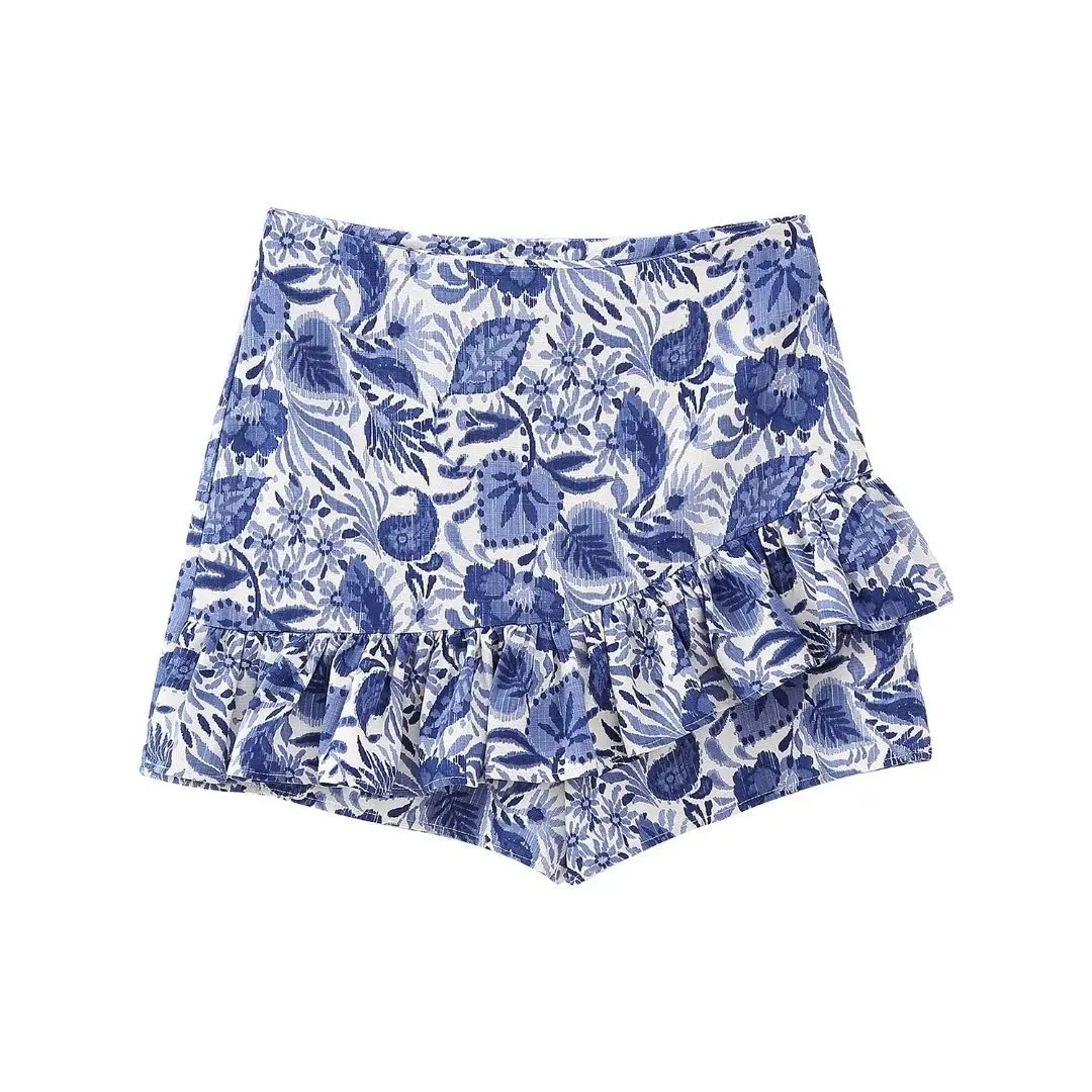 

Women 2023 New Chic Fashion Summer Printed Lamination Ladecoration Culottes Vintage High Waist Female Skorts Mujer