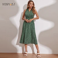 2022 casual summer womens dress speckled design floral clothing green long dress fashion chiffon sleeveless lapel midi dresses