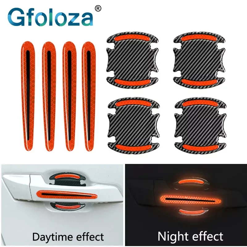 

Gfoloza 4Pcs 3D Reflective Car Sticker Carbon Fiber Truck Auto Door Bowl Handle Cover Strips Anti-Collision Safety Warning Tape