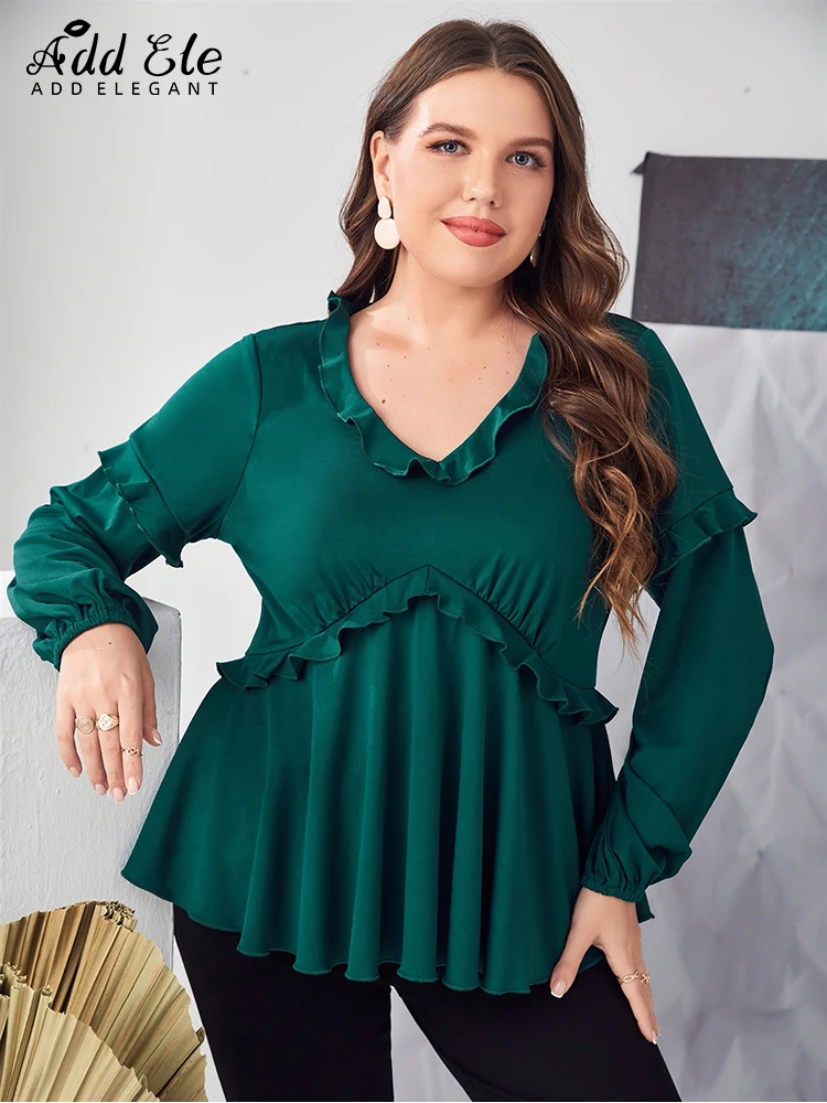 Add Elegant Plus Size Blouses Women 2022 Autumn Commuter Casual V-Neck Ruffles Design Lantern Sleeve Trend Solid Tops B987