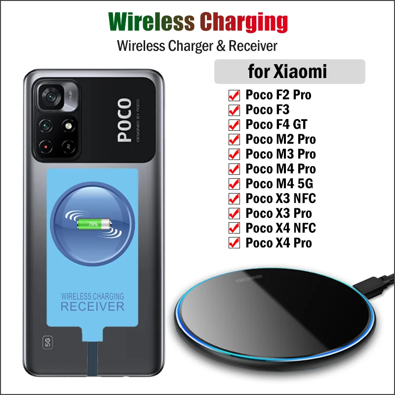 

Qi Wireless Charger Receiver for Xiaomi Poco F4 F3 F2 Pro M3 M4 Pro X3 NFC X4 X5 Pro Wireless Charging Adapter Type-C Connector