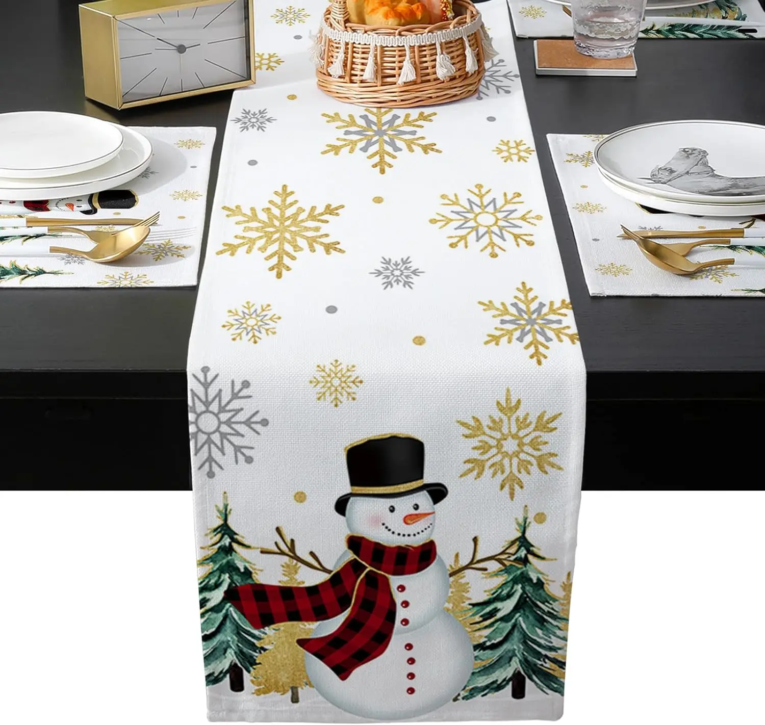 

Christmas Golden Grey Snowflake Pine Tree Linen Table Runners Decor Winter Snowman Dining Table Runners Christmas Decorations
