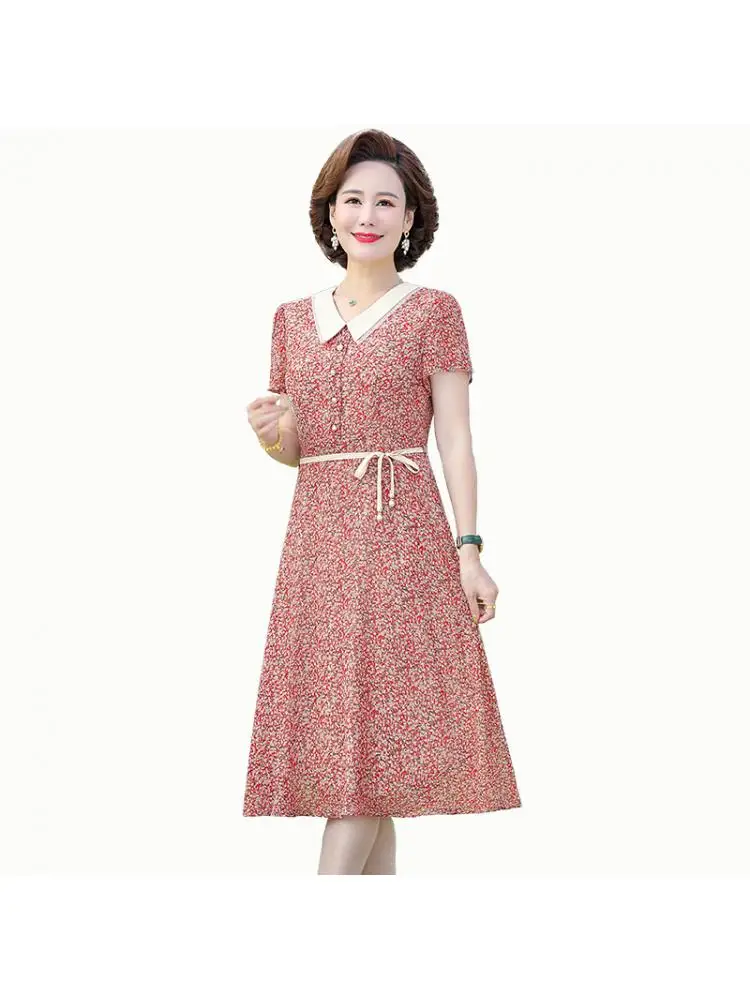 

Women Summer Yarn Lapel Dresses Middle Age Mother Short sleeve Chiffon Dress Floral Casual Party Beach Vestidos