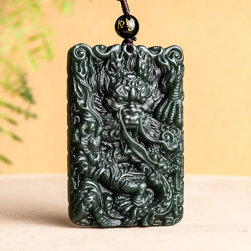 

Jia Le / Hand-carved/ Natural Hetian Mo Jade Zodiac Dragon Necklace Pendant Fashion Jewelry Men and Women Couple Gift Amulet