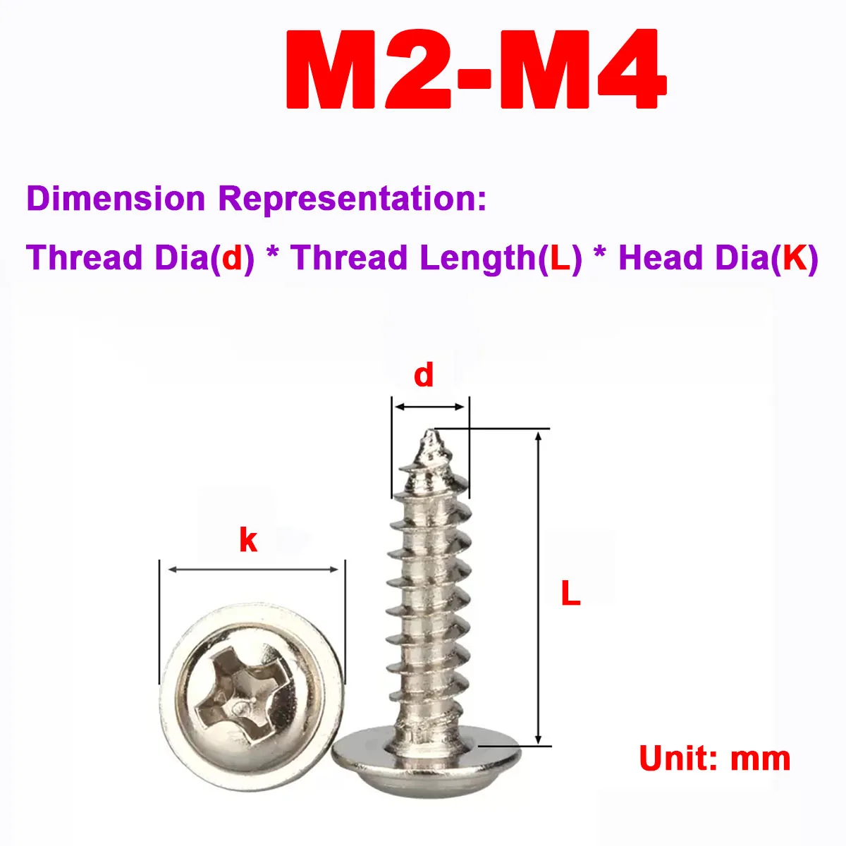 

Carbon Steel Nickel Plated Round Head Cross Recess With Enlarged Gasket Self Tapping Screw M2M2.3M3M4