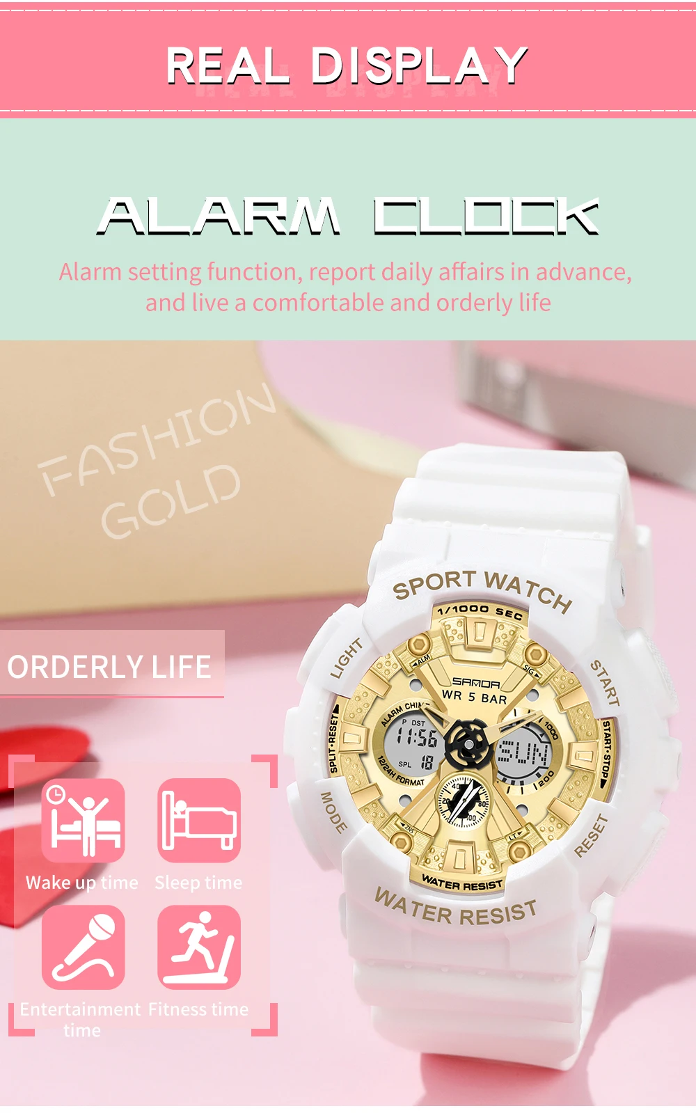 SANDA Multifunctional Electronic Womenes Watch 50M Waterproof Dual Display Luminous LED Digital Watch Fashion Women Clock 6068